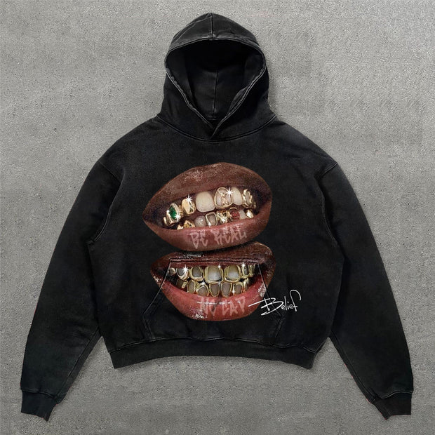 Street Style Teeth Belief Print Long Sleeve Hoodies