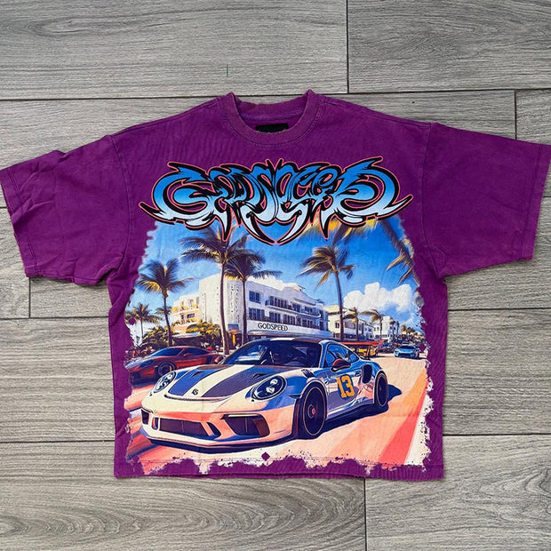 Casual car print crew neck T-shirt