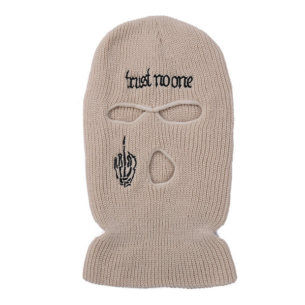 Embroidered warm letter wool hat outdoor windproof hip-hop mask head cover three-hole knitted hat