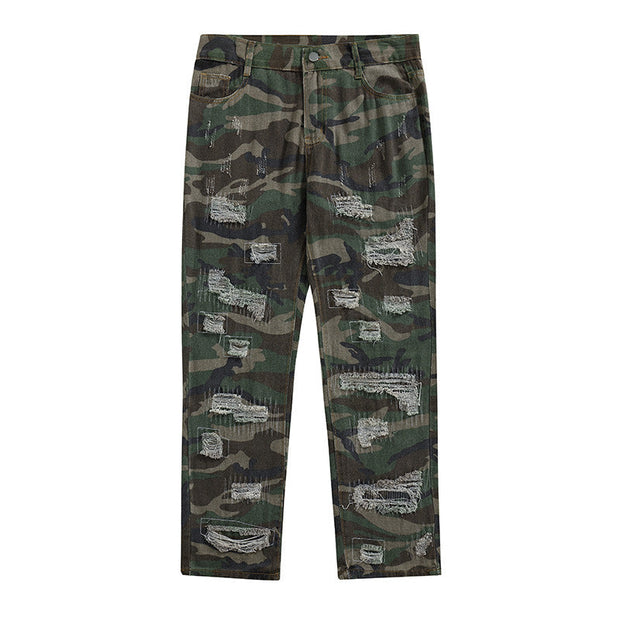 High street camouflage destruction design overalls street hole old washed loose straight denim trousers tide