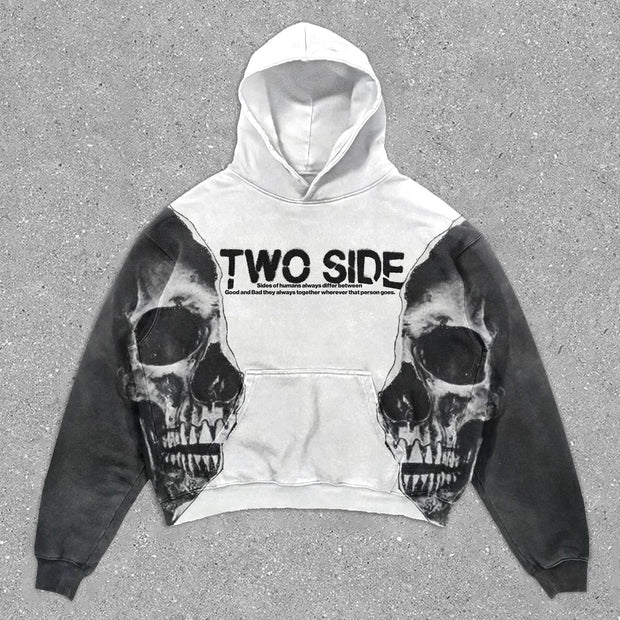 Skull Colorblock Print Vintage Hoodie