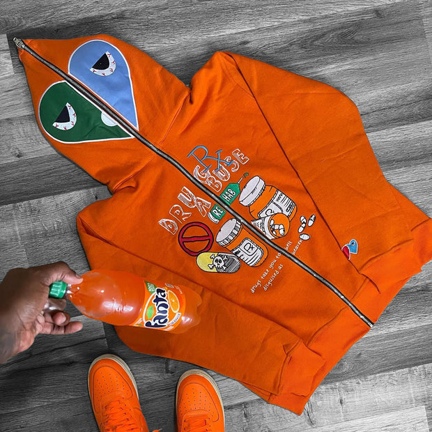 Street style casual full zip printed hoodie