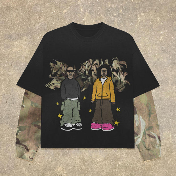 Fake Two Cartoon Print Long Sleeve T-Shirt