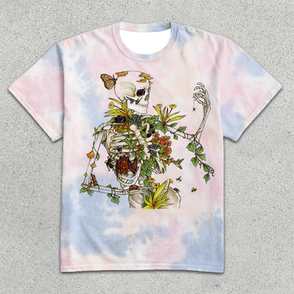 Skull Print Tie-Dye Short Sleeve T-Shirt