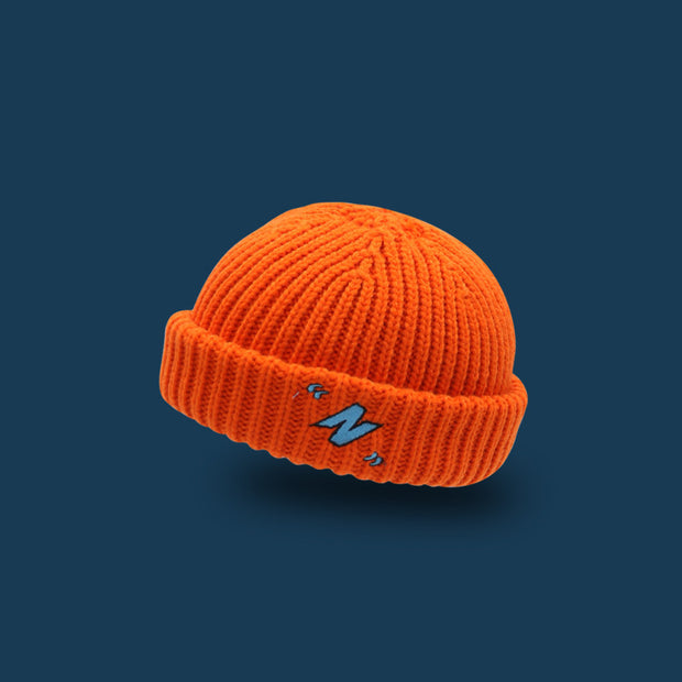 Letter embroidery woolen knit melon leather hat with flanging to keep warm