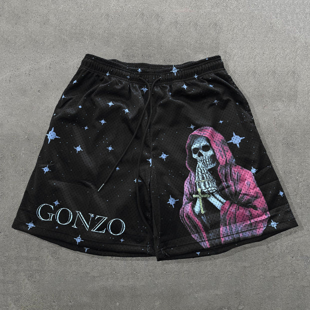 Saint Death Print Mesh Drawstring Shorts