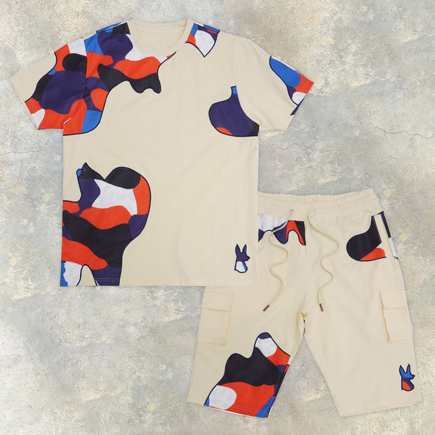 Fashionable and casual colorblock print short-sleeved shorts suit