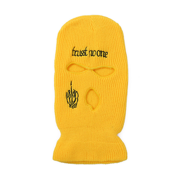 Embroidered warm letter wool hat outdoor windproof hip-hop mask head cover three-hole knitted hat