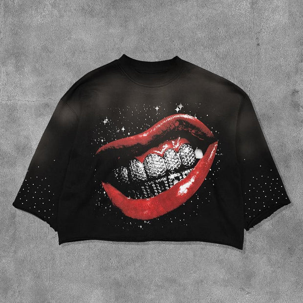 Lips And Gold Teeth Printed Three-quarter Sleeve T-shirt