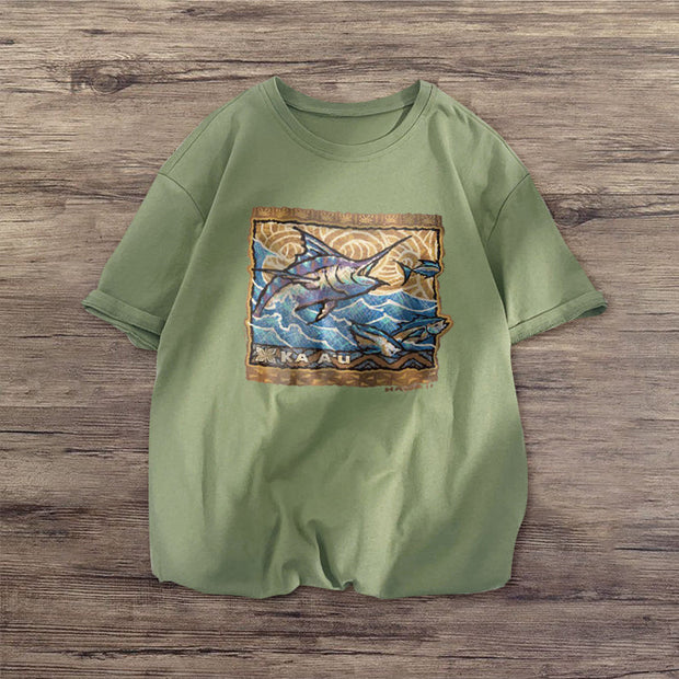 Retro sea fish print short-sleeved T-shirt