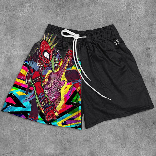 Casual Anime Print Mesh Pocket Shorts