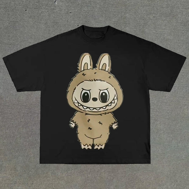 College style cartoon print round neck T-shirt