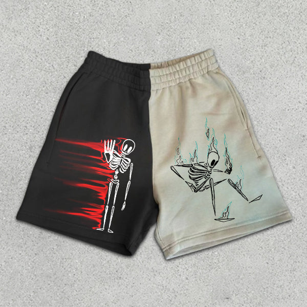 Skull Graphic Print Colorblock Elastic Shorts