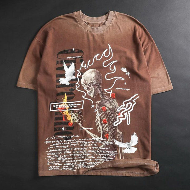 Flame Rose Casual Street Retro Washed Cotton T-Shirt