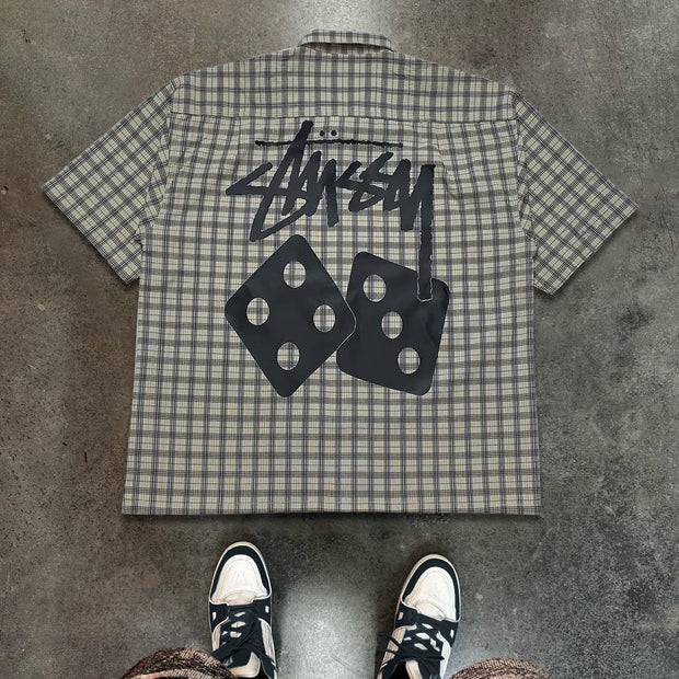 Letters Dice Plaid Print Button Short Sleeve Shirt