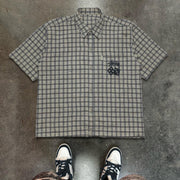 Letters Dice Plaid Print Button Short Sleeve Shirt