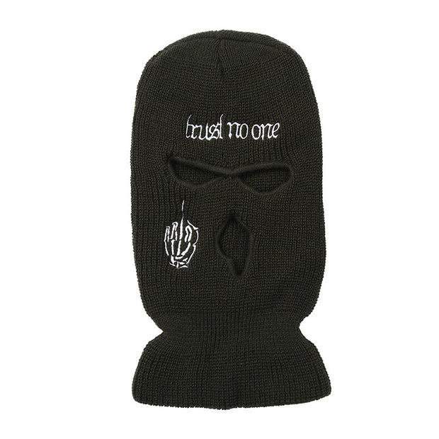 Embroidered warm letter wool hat outdoor windproof hip-hop mask head cover three-hole knitted hat