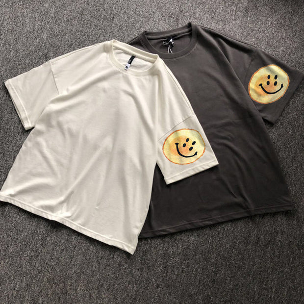 Trendy street style smiley face print short-sleeved T-shirt
