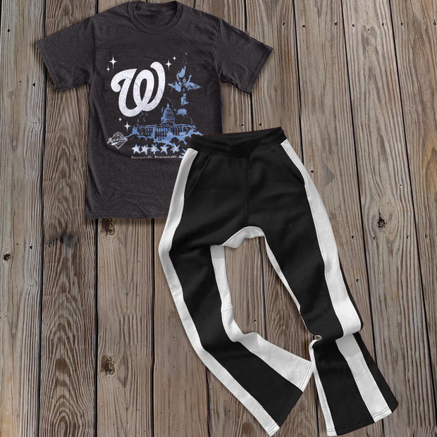 Fashion preppy printed T-shirt contrasting color trousers two-piece set
