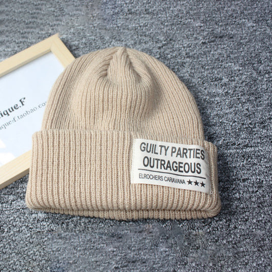 Three letter patch solid color couple knitted beanie