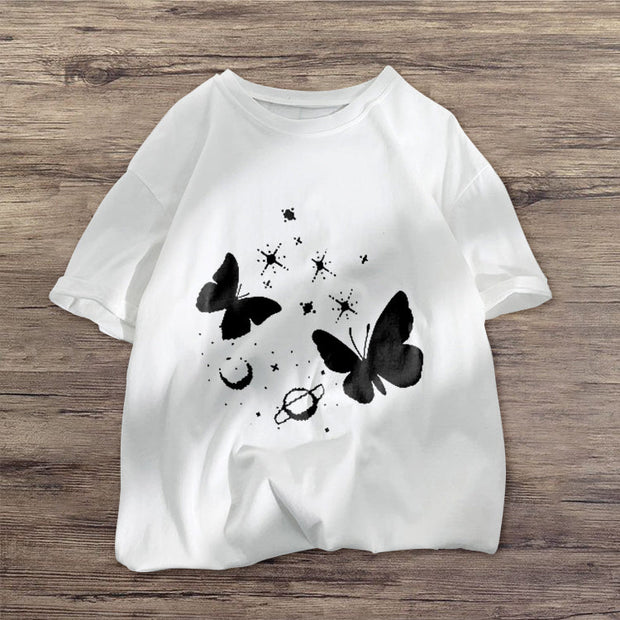 Reflective luminous personality printed butterfly t-shirt loose short-sleeved couples