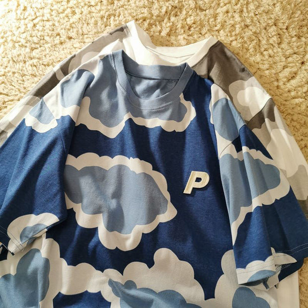 Jew4room sky blue white cloud print round neck short-sleeved T-shirt