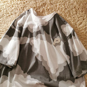 Jew4room sky blue white cloud print round neck short-sleeved T-shirt