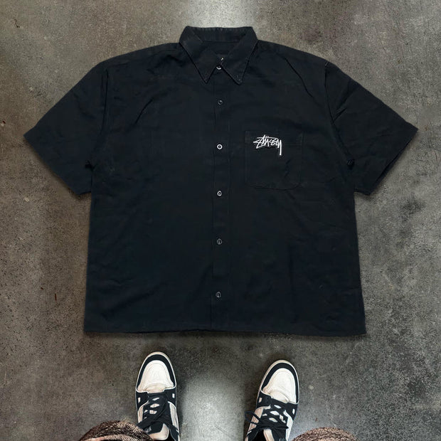 Character Letters Print Button Short Sleeve Shirt