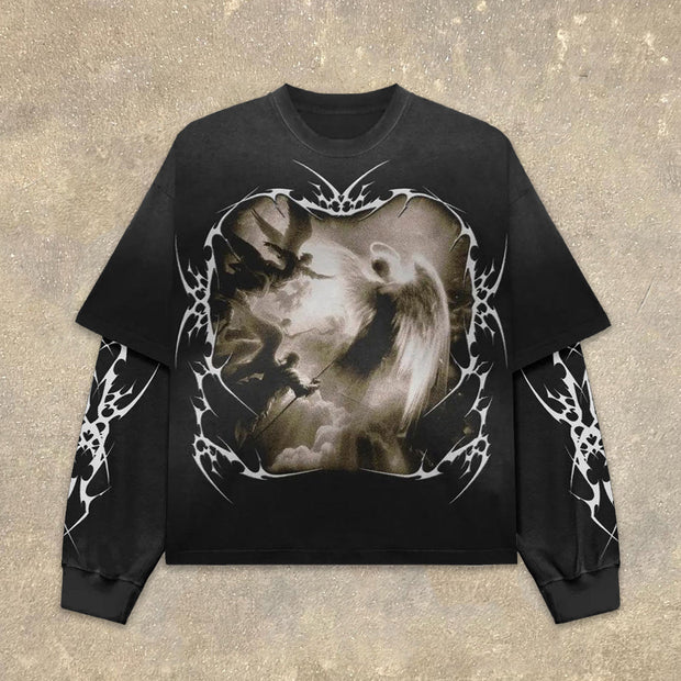 Fake Two Angels Print Long Sleeve T-Shirt
