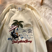 Coconut tree print American casual short-sleeved T-shirt