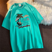 Coconut tree print American casual short-sleeved T-shirt