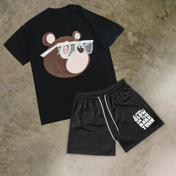 Bear Retro Street Short Sleeve Shorts Set