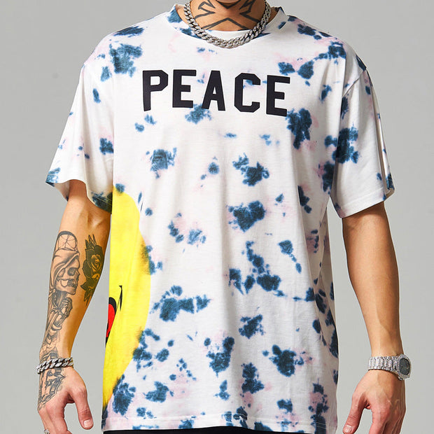 Smiley print street tie-dye casual loose short-sleeved T-shirt