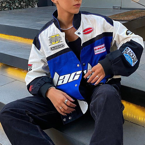 Street style statement color contrast racing jacket