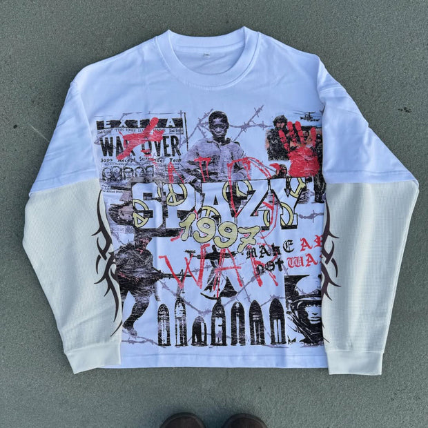 War Child Casual Street Retro Stitching Long Sleeve T-shirt
