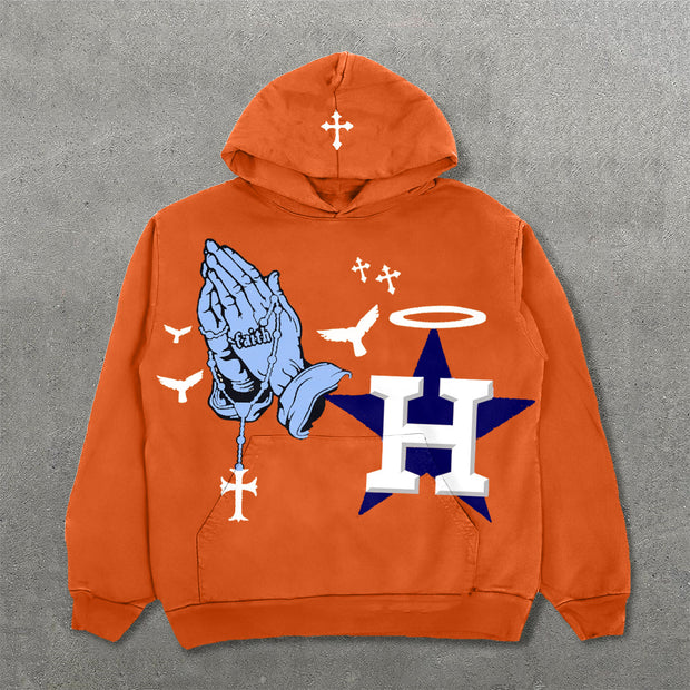 Praying Hands & Houston Astros Print Long Sleeve Hoodies