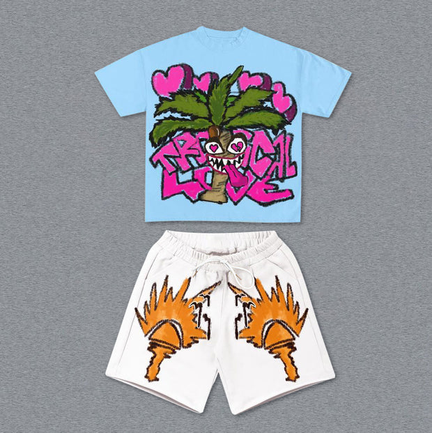 Fashion Retro Color Contrast Short Sleeve Shorts Set