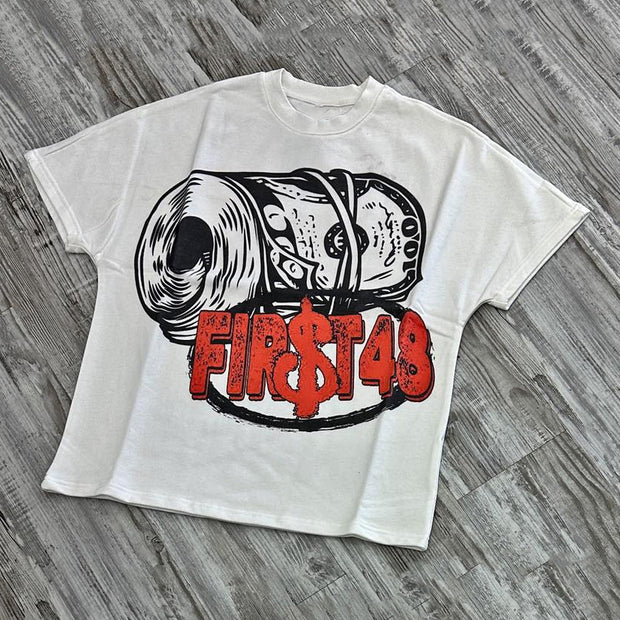 Money print casual street cotton T-shirt