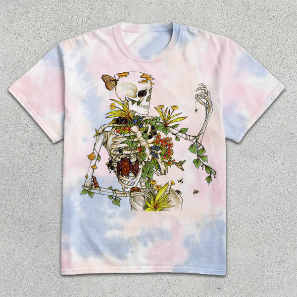 Skull Print Tie-Dye Short Sleeve T-Shirt