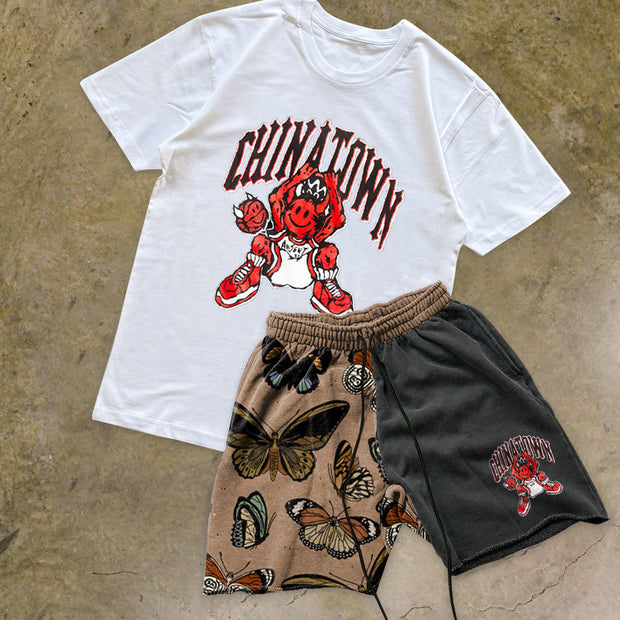 Retro Tide Brand Cartoon Butterfly Print Short Sleeve Suit