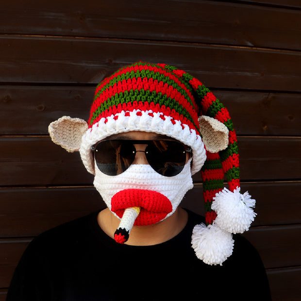 Winter funny Christmas hat new handmade crochet clown hat red lip mask two-piece holiday couple parent-child outfit
