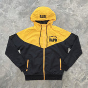College yellow and black contrast print hooded windbreaker jacket