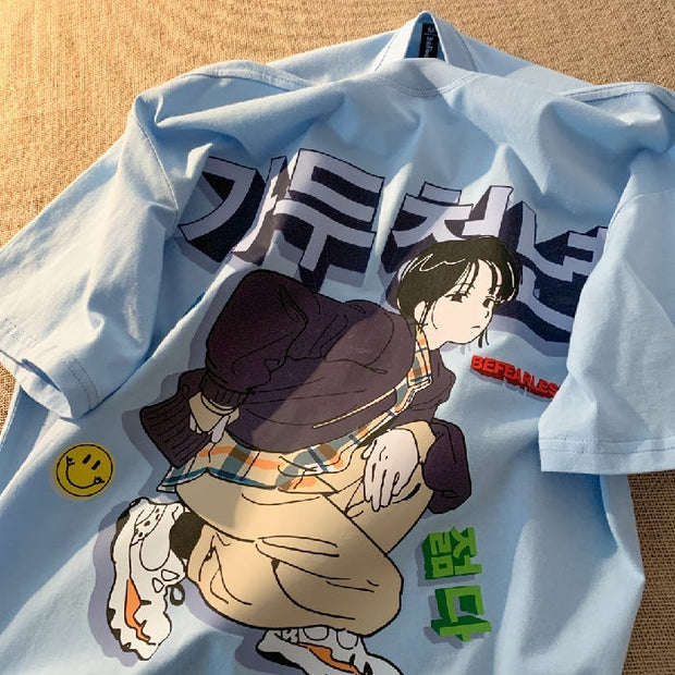Retro Hong Kong style cartoon anime character short-sleeved T-shirt
