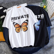Men and women couples printing short-sleeved loose trend round neck T-shirt pure cotton