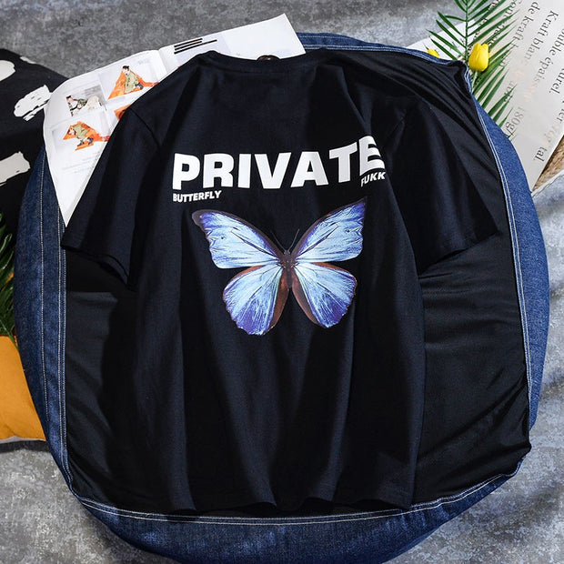 Men and women couples printing short-sleeved loose trend round neck T-shirt pure cotton
