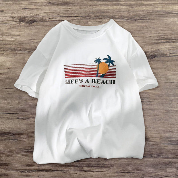 Hawaiian coconut tree print street short-sleeved T-shirt