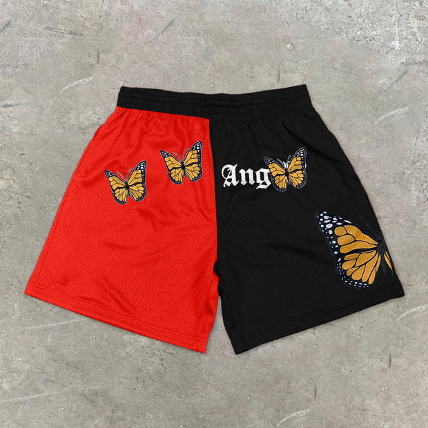 Stitching contrast retro butterfly print casual shorts