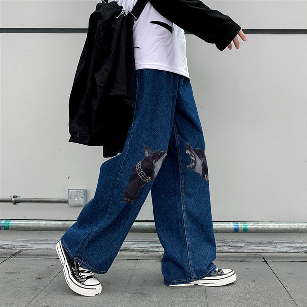 Personalized print street fashion denim trousers