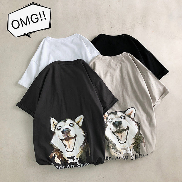 Cartoon Husky Print Loose Casual T-shirt