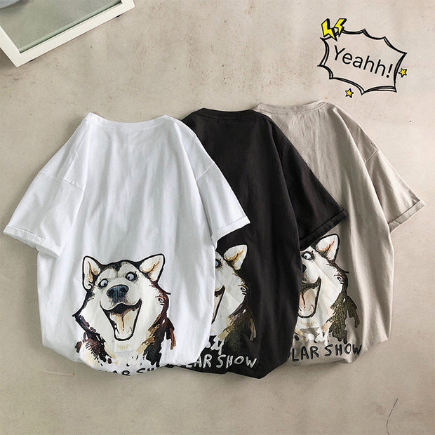Cartoon Husky Print Loose Casual T-shirt